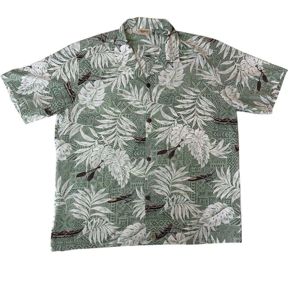 Royal Creations Hawaiian Shirt Mens XL Green Tropical Canoe Paddle Print